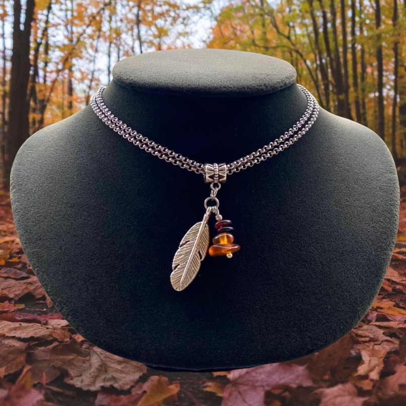 Stainless Steel Double Chain Leaf Feather Amber 30$